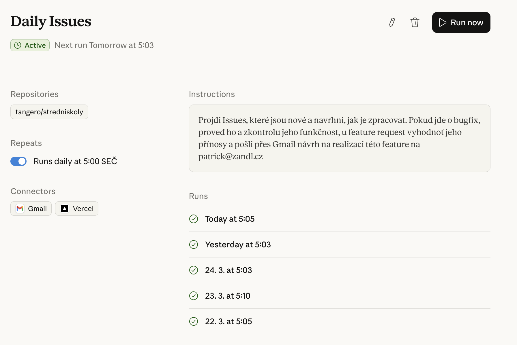 Přehled naplánovaných úloh v Claude Code pro automatické opravy CI